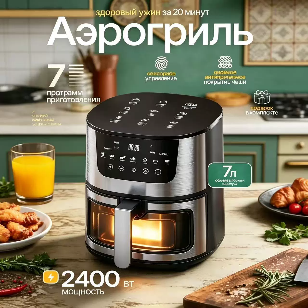 Аэрогриль 7 л, бытовой многофункциональный умный электрический фритюрник, аппарат для приготовления чипсов, доставка в Россию