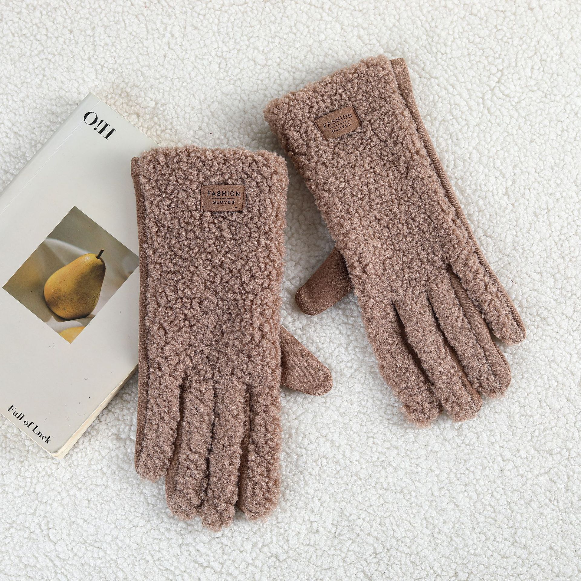 Preventa | Guantes de dedos cálidos y a prueba de viento al aire libre de invierno Guantes de costura de terciopelo granular de diseño de nicho femenino al por mayor