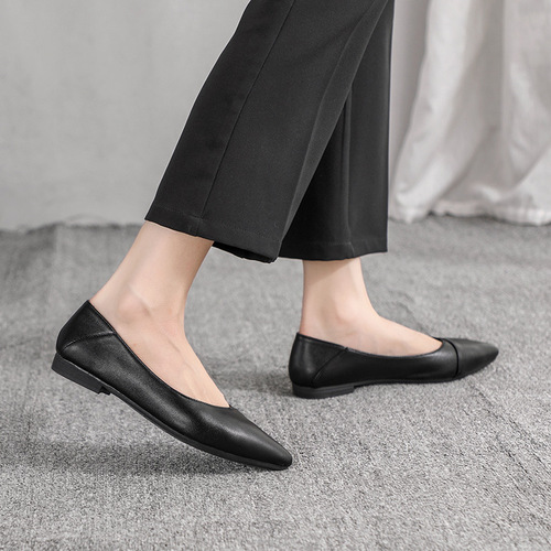 Women's Black Pointed-toe Flat Soft Sole Work Shoes, Spring Soft Leather Comfort Professional Shoes for Air Hostess Auditions