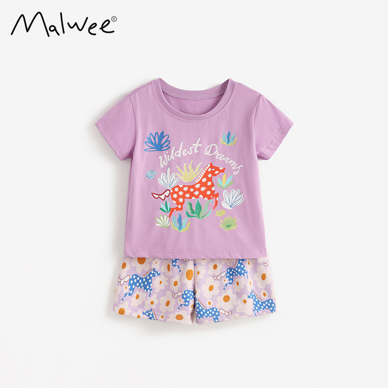 Malwee transfronterizo ropa doméstica de niñas verano nuevo estilo europeo y americano para niños pequeños adorables set de camiseta de cuello redondo