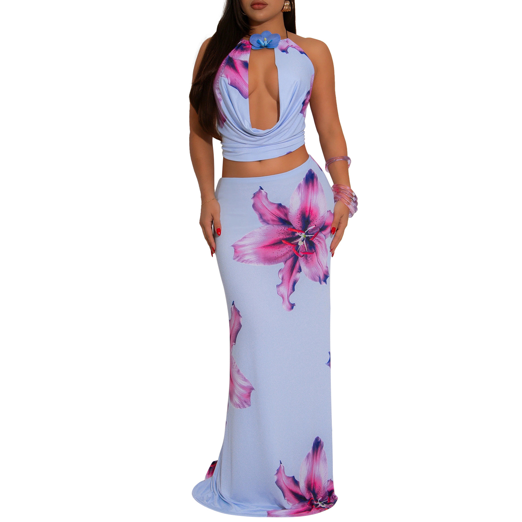 402g Weight Sleeveless Sleeve Length Polyester Fabric Type Skirt Co-ord Set Sets Type 2 Pieces Set Quantity Casual, Holiday Occasion Halter Neck Neckline Slim Fit Type Flower Pattern Summer Season Women's Gender Sexy, Streetwear Style Casual Holiday Women's Sexy Streetwear Flower Polyester Skirt Co-ord Set Skirt Sets 2