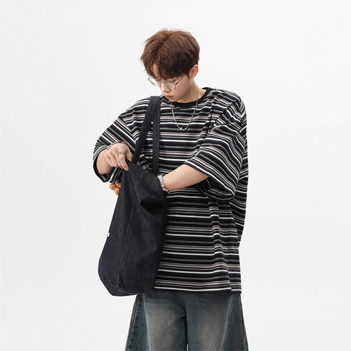 American Heavyweight Navy Blue Sweatshirt Short-Sleeve Men's Summer New Trend Loose Casual Color Block Silhouette Five-Sleeve Versatile Top