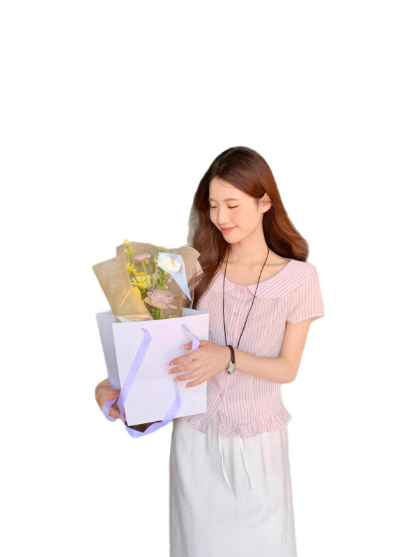 芝士兔 条纹衬衫女miu系学院风拼接花边下摆显瘦衬衣气质短袖上衣|undefined