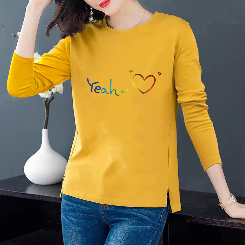 [100 Cotton] Autumn Korean split long sleeve T-shirt ladies casual irregular bottoming shirt printed cotton T-shirt