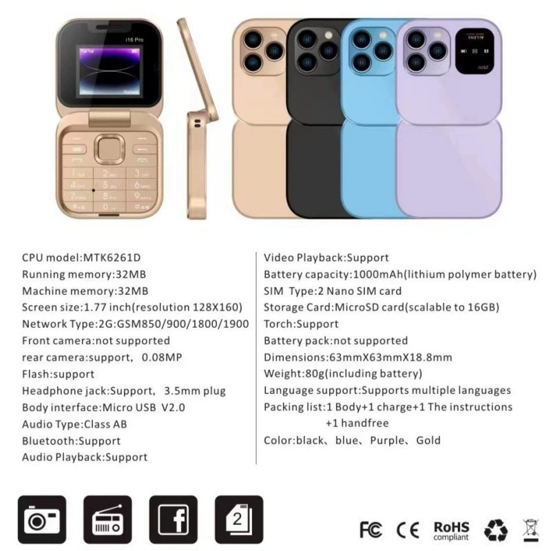 Flip phone i16 (Intel Core i16), dual SIM, 2G, mini foldable mobile