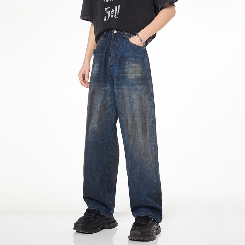 Men's high street wide leg mop pants trendy brand distressed dirty pants straight leg loose jeans_voghion.com