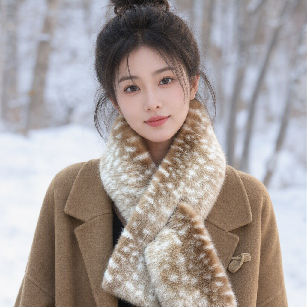 Winter Korean-Style Plush Scarf for Women, Fashionable and Warm Neck Protector, Cold-Proof Versatile Scarf with Deer Pattern and Spots