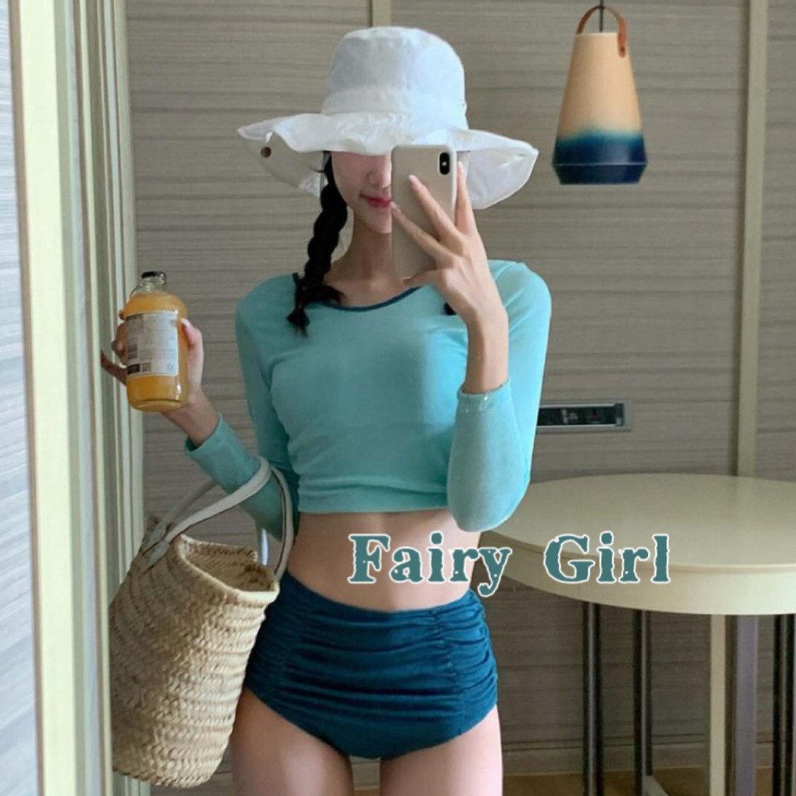"Blueberry Juice" Korean ins Split Swimsuit Women's High Waist Long Sleeve Slimming High-end Small Chest Push-up Swimsuit