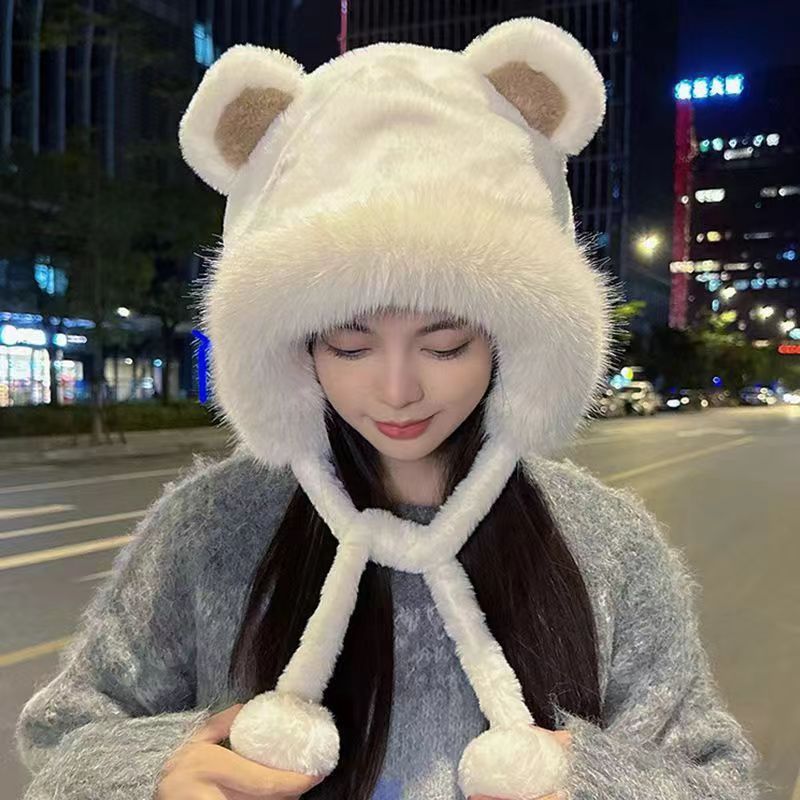 Sombrero de lana bereber para mujeres Otoño e Invierno Todo-juego lindo con capucha Oso bufanda guantes integrados cálido a prueba de frío sombrero de algodón de protección para los oídos