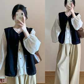 秋装搭配一整套大码胖mm减龄穿搭日系衬衫马甲休闲裤叠穿三件套装