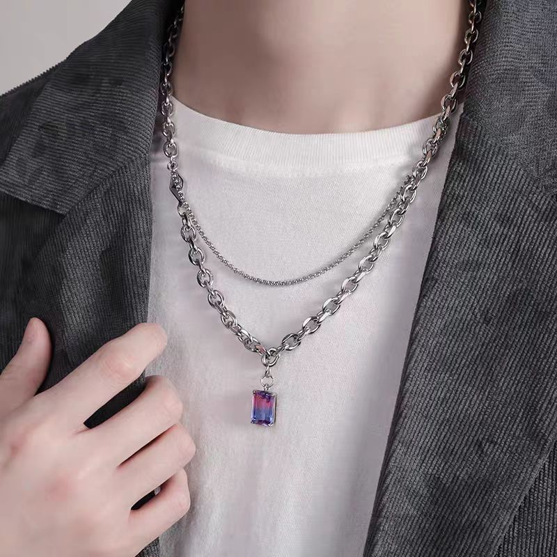 Unique Design Square Tile Men's Necklace Multi-Layer Stacked Chain Women's Gemstone Ins Sweet Cool Dongguan Titanium Steel Clavicle Chain
