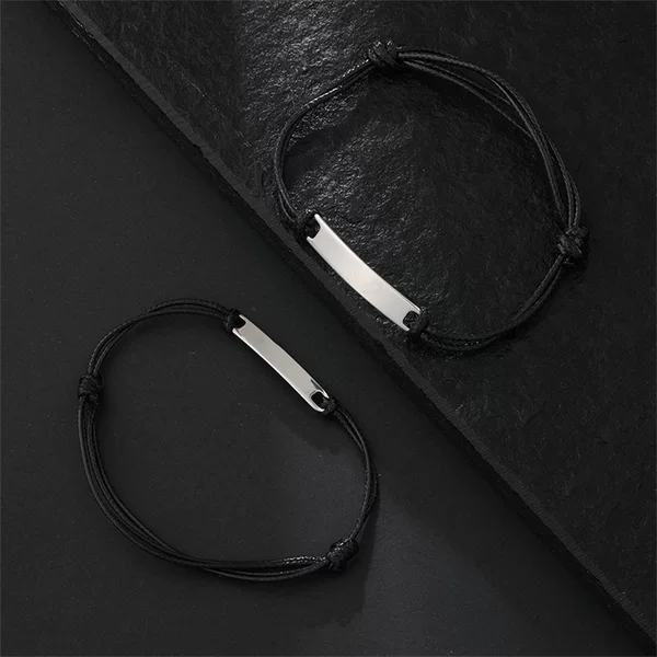 Couple Men and Women Engraved Titanium Steel Curved Bracelet Stainless Steel Wax Rope Bracelet Adjustable Leather Rope Braided Bracelet Cross-Border
