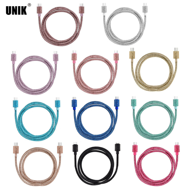 Wholesale 1m Color Diamond Double Typec Diamond Pd Fast Charging Rhinestone Mobile Phone Data Cable Factory Direct Sales