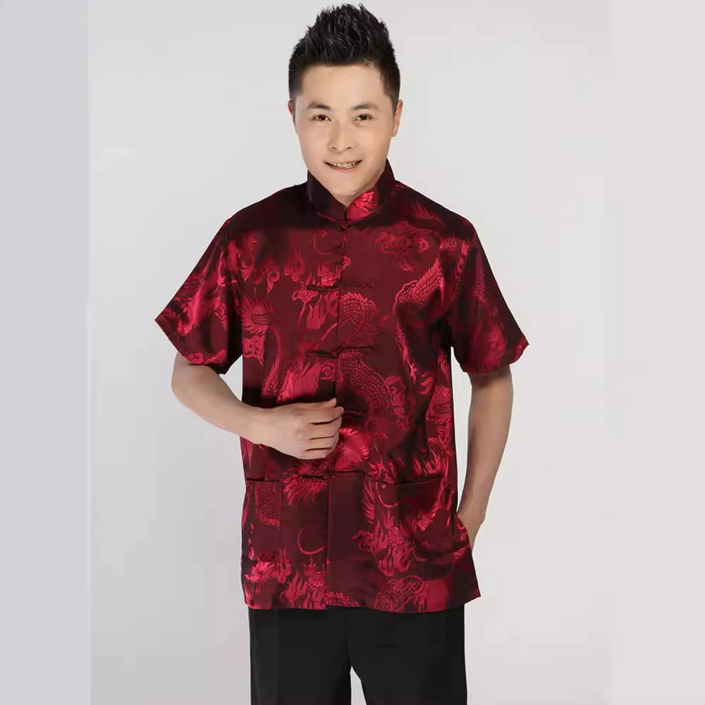 Мужской длинный Шелковый жаккардовый мужской костюм Тан с короткими рукавами Топ-костюм Тан Мужской культурный костюм Чжуншань с короткими рукавами Летний костюм для среднего и пожилого возраста