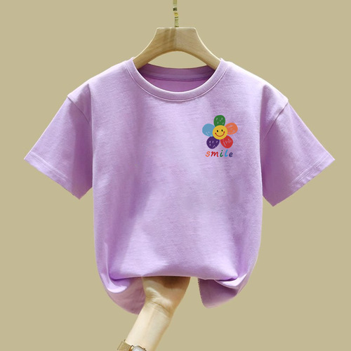 2417 100% Cotton Children's Short Sleeve T-Shirt for Girls Summer Outfit 2025 Base Shirt for Toddlers, Kids, and Teens Trendy and Stylish