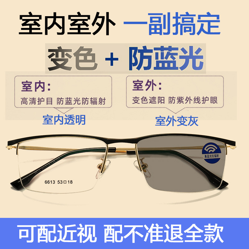 网上配镜近视眼镜可配度数防蓝光变色镜片非球面半框钛合金|ms