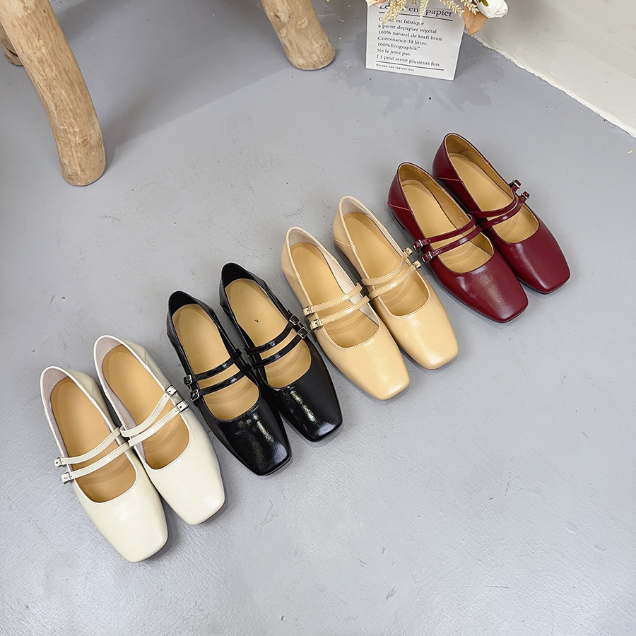 Solid color shoes square toe with a strap