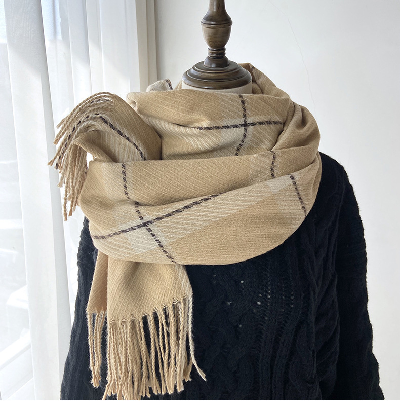 250g Weight Scarf Classification Holiday, Street Occasion Imitation cashmere Material Plaid Pattern Autumn&Winter Season Women's Gender Tassel Design Basic, Classic Style Style Women's Basic Classic Style Plaid Imitation Cashmere Tassel Scarf 23