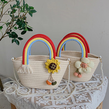 包包小眾設計彩虹花朵手提包新款手工棉繩編織包珍珠鏈條斜跨包女