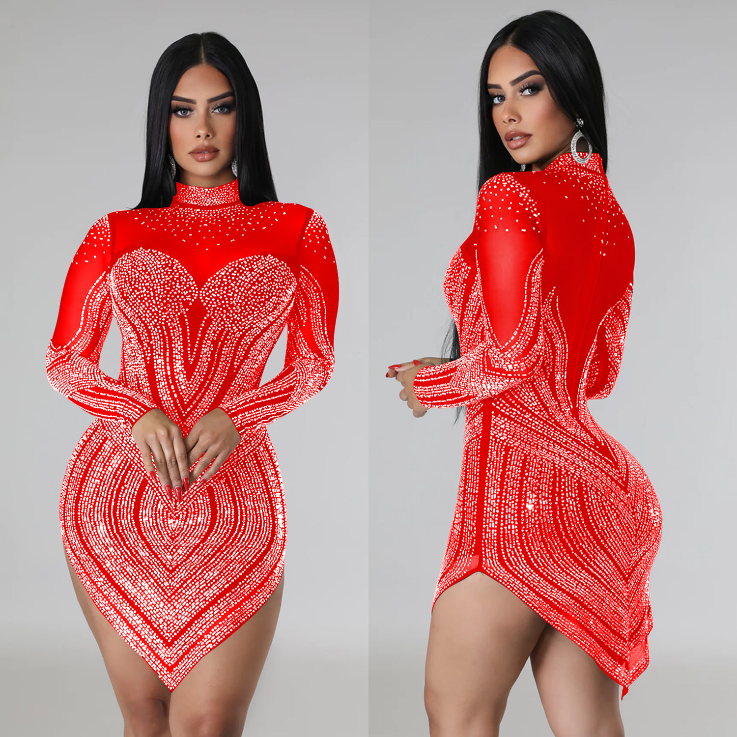 C6371 transfronterizo AliExpress Amazon moda europea y americana de las mujeres de color sólido de malla de perforación en caliente de manga larga vestido de falda corta image 4