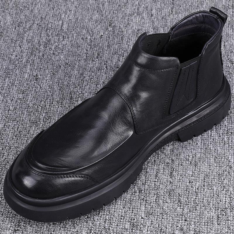 High-End Autumn and Winter First-Layer Cowhide Trendy Chelsea Men's Boots Fleece-Lined Warm Genuine Leather High-Top Leather Shoes British Martin Boots