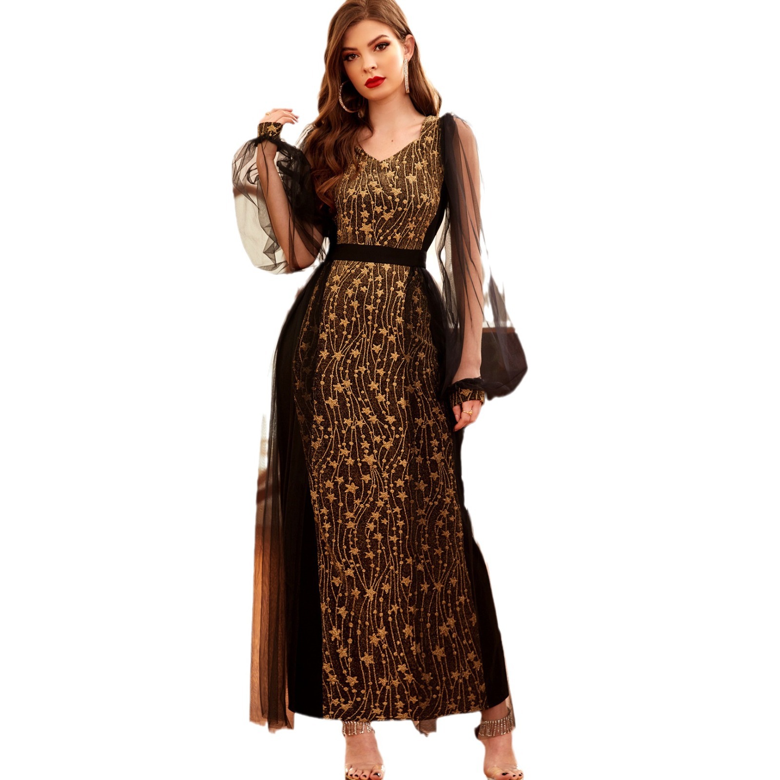 High elastic gold jacquard knitted mesh sleeves design dress long skirt party dress_autovado.com