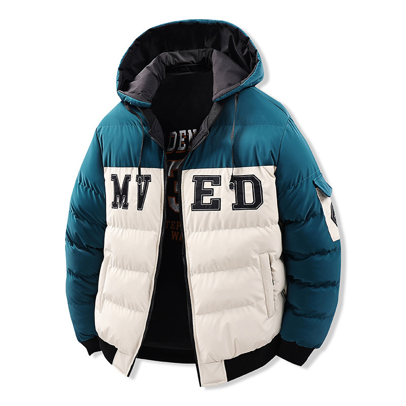 Wattierte Herrenjacke mit Stickerei, Daunenfüllung, dicker Baumwolle, kontrastfarbenem Futter, lockerer, abnehmbarer Mütze und doppelseitiger Kapuze_voghion.com