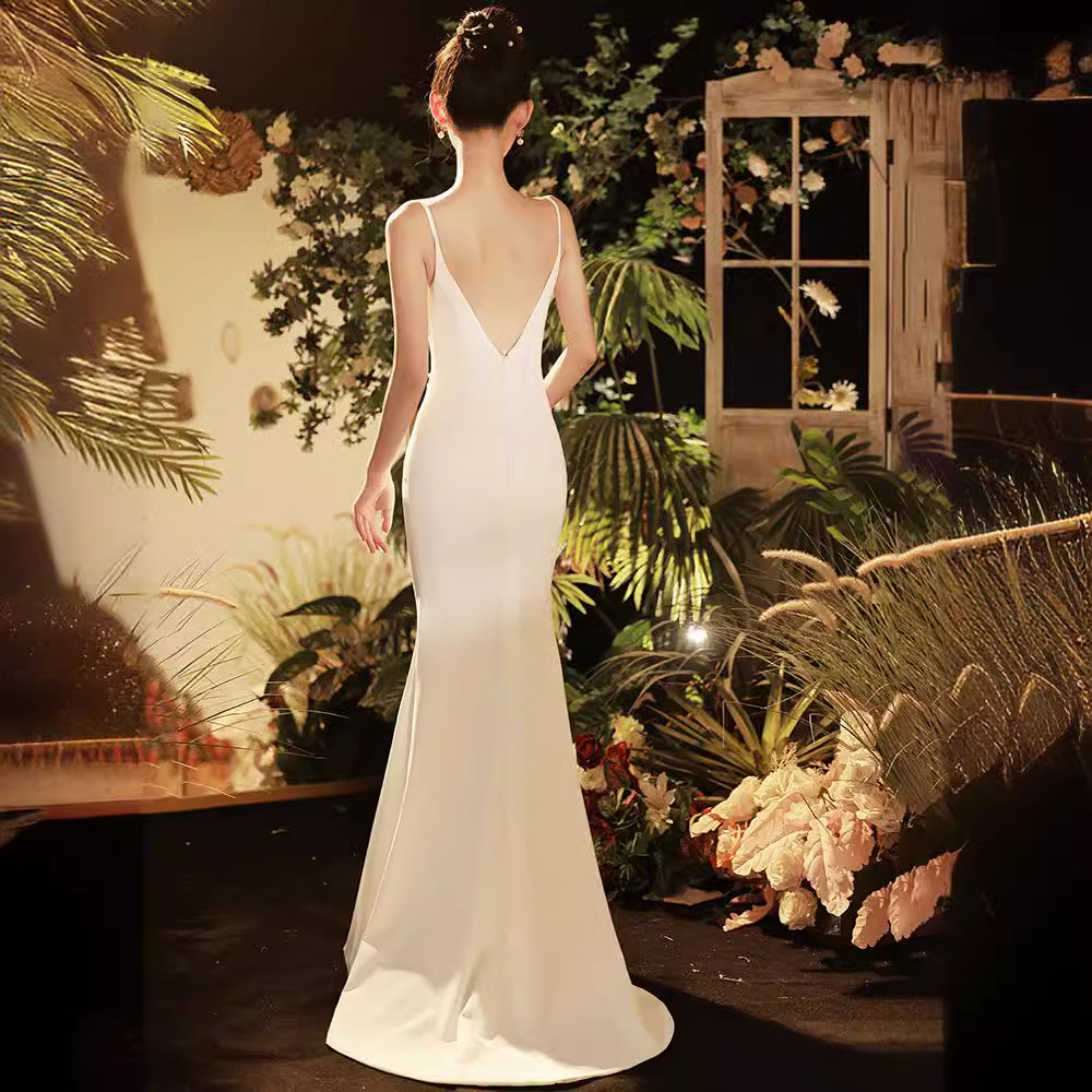 Cross-Border Wholesale Sling Light Wedding Dress, Forest Style Super Fairy Wedding Dress, Summer Simple Backless Engagement White Dress with Tail
