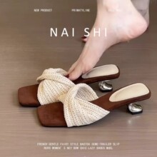 羊皮版！复古编织坡跟罗马凉鞋女设计感度假风方头露趾沙滩凉拖鞋