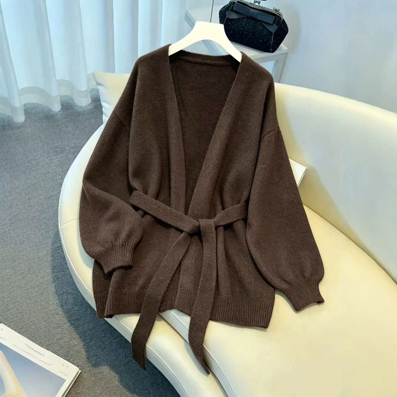 European and American Cross-Border Amazon Autumn and Winter Women's Elegant Casual Knitted Cardigan Loose Lazy Style Waist Strap European and American Cross-Border Amazon Autumn and Winter Women's Elegant Casual Knitted Cardigan Loose Lazy Style Waist Strap
