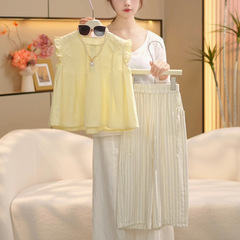 子供服 2025 新しい夏服女の子夏スーツ女の子無地フライングスリーブトップ子供ワイドレッグパンツ 2 点セット