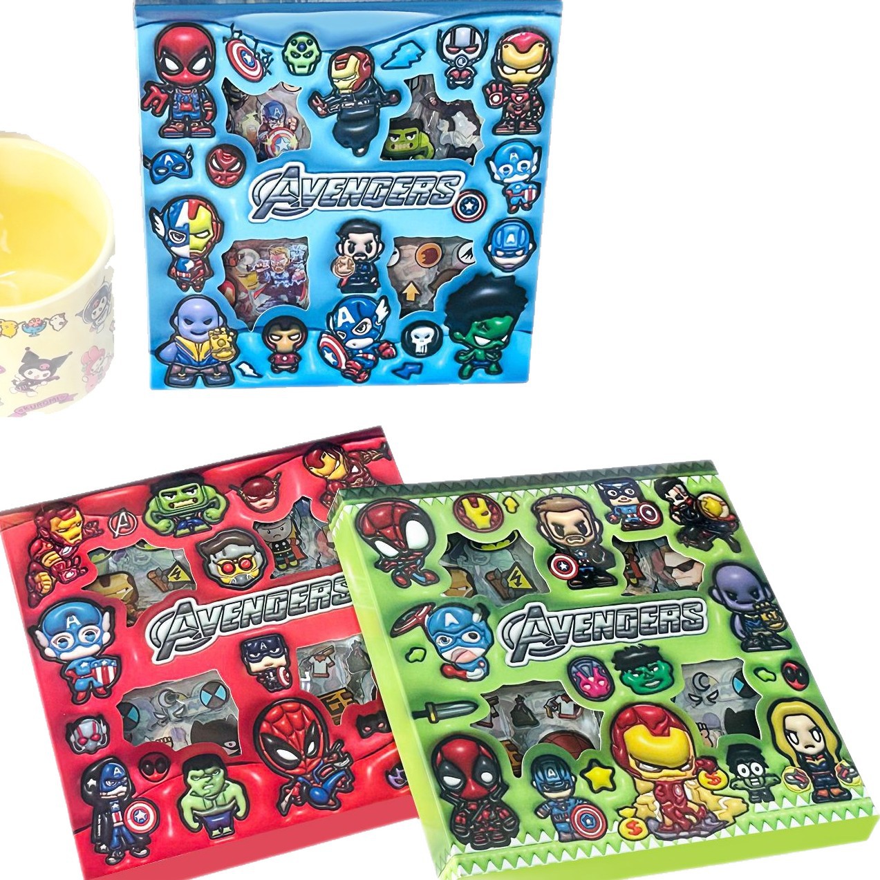 Pegatinas de caja de los Vengadores 96 cuentas de mano caja de regalo para niños cartón de dibujos animados pegatinas de mascotas impermeables