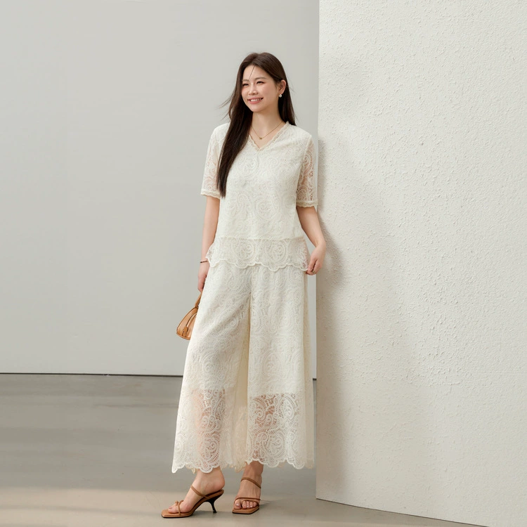 [Hua Jian Shuying] Bo Xi Feng Heavy Industry Полая кружевная рубашка и брюки Костюм-двойка Fat mm2025 Лето Новый стиль