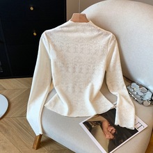 波西米亚风提花蕾丝2025秋冬季新款女装木耳边拼接半高领上衣