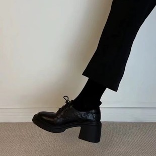 British Style Retro Thick-soled Loafers Women's All-match Increased Round Toe Lace-up Thick Heel Small Leather Shoes Elegant High Heel Single-layer Shoes