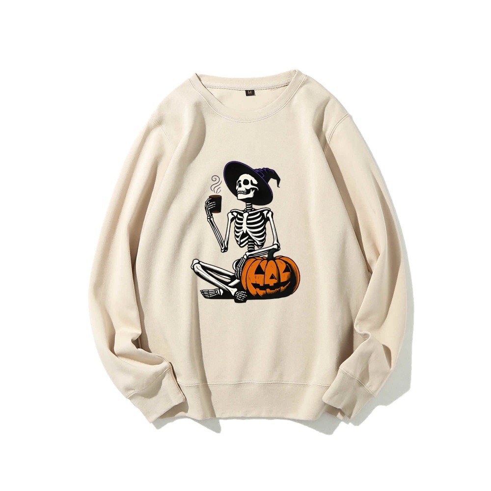 Skeleton Pumpkin Halloween Long Sleeve Top Retro Fall Coffee