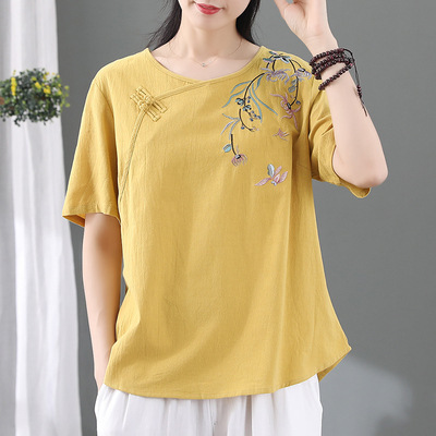文学レトロな綿とリネンの Tシャツ女性のためのルーズ中国禅茶服ボタンショートトップ夏の中国風の女性の服|undefined