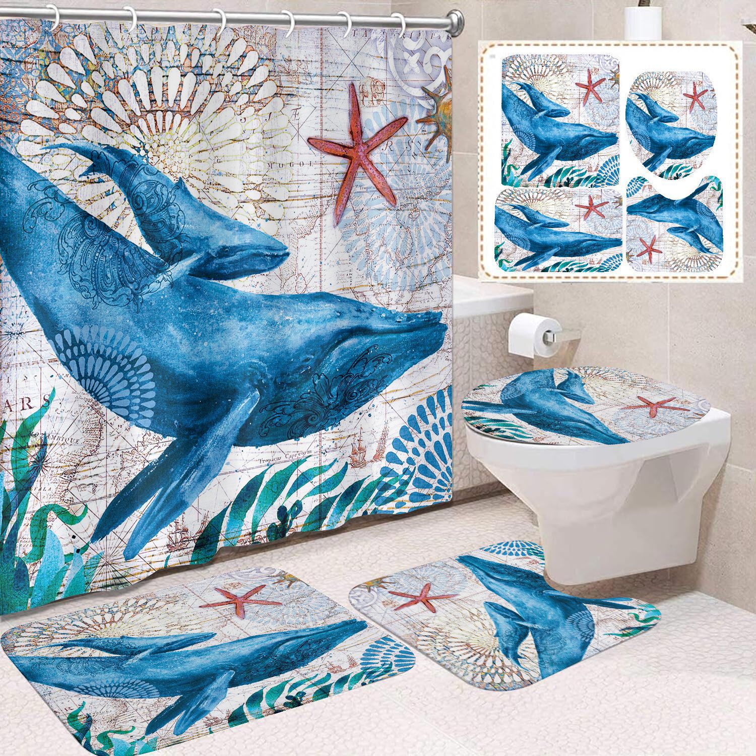 Cortina de ducha transfronteriza con diseño de delfines azules, estampada digitalmente, de poliéster, sin perforaciones, para baño, decoración del hogar image 27