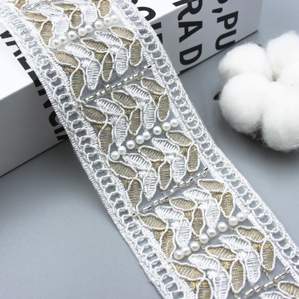 5.2cm 重工婚纱礼服珠管花边辅料欧根纱珍珠刺绣花边服装汉服配件