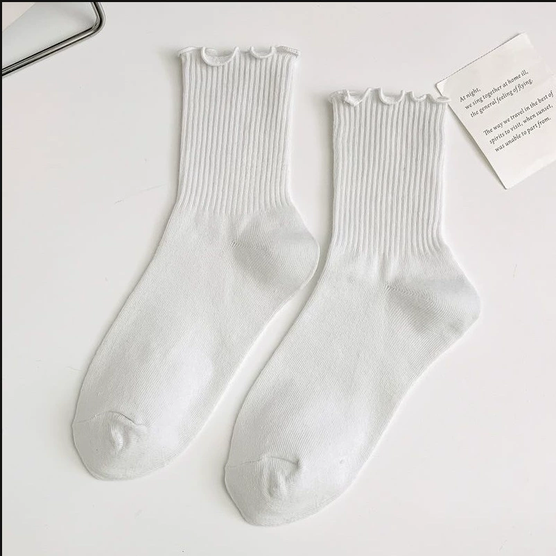 Middle‑Tube JK Socks, cotton ruffle cuff, spring–summer–autumn, sizes 35–42 (black/white/beige)