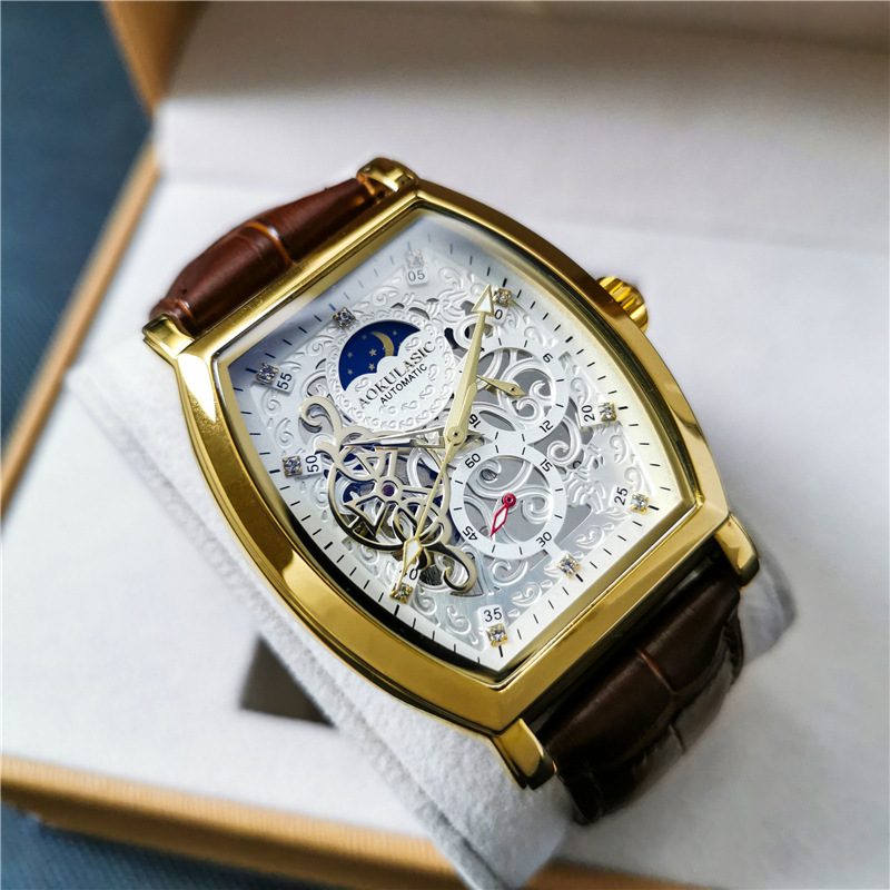 Barril de vino Reloj mecánico automático hueco-hacia fuera transparente azul claro vidrio luminoso de cuero impermeable de los hombres hebilla de mariposa Mesa multifunción