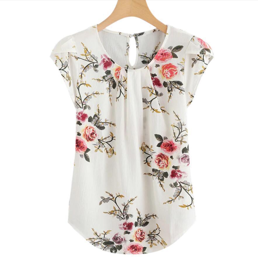 Cross-border 2025 camisa de cuello redondo casual de mujer flor de pliegue delgada venta rápida TONGWISH impresión camisa de manga corta image 2