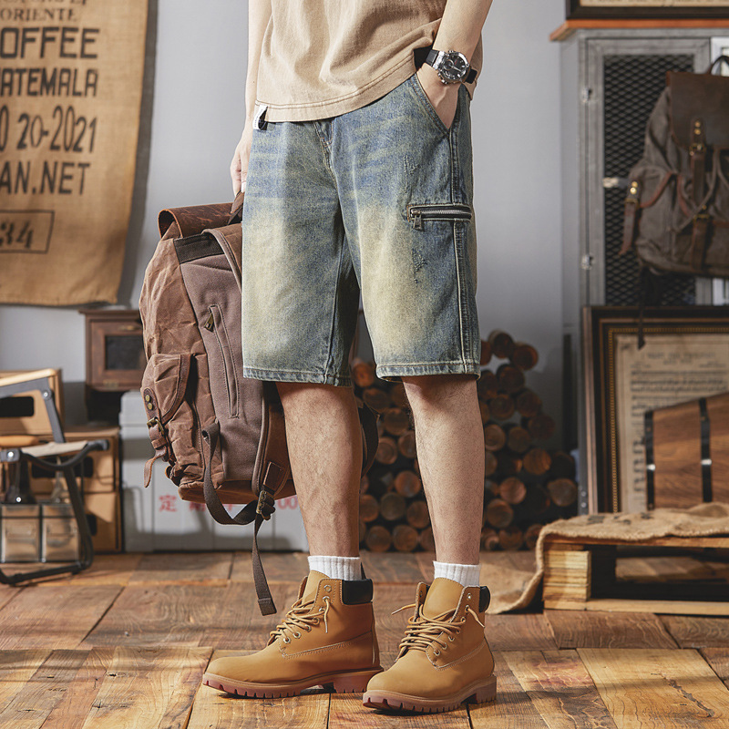 Thin American Denim Shorts Men's Trendy Brand Loose Straight Tooling Large Size Casual Pants for Summer 2024