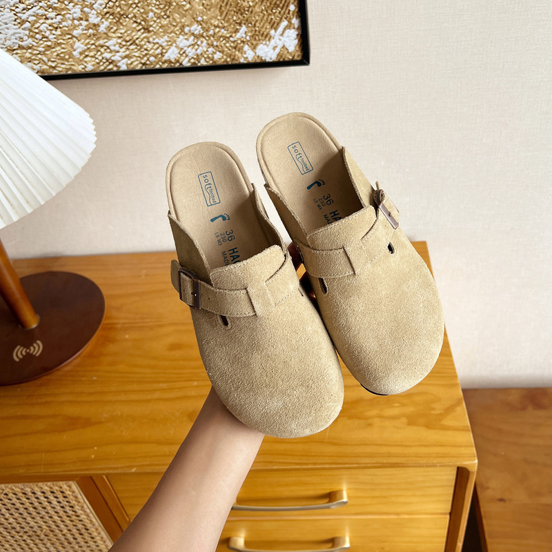 Genuine Leather Soft-Soled Birkenstock Shoes, Cowhide Thick-Soled Slippers for Women, Birkenstock Half-Slip-On Slip-Ons, Genuine Leather Closed-Toe Slippers for Women
