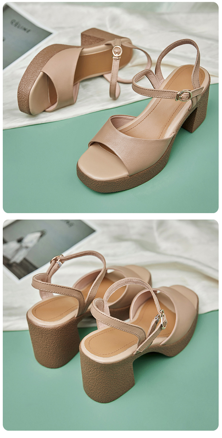 Sandal cao gót nữ quai ngang da thật đế dày chống thấm — Màu đen chi tiết 31