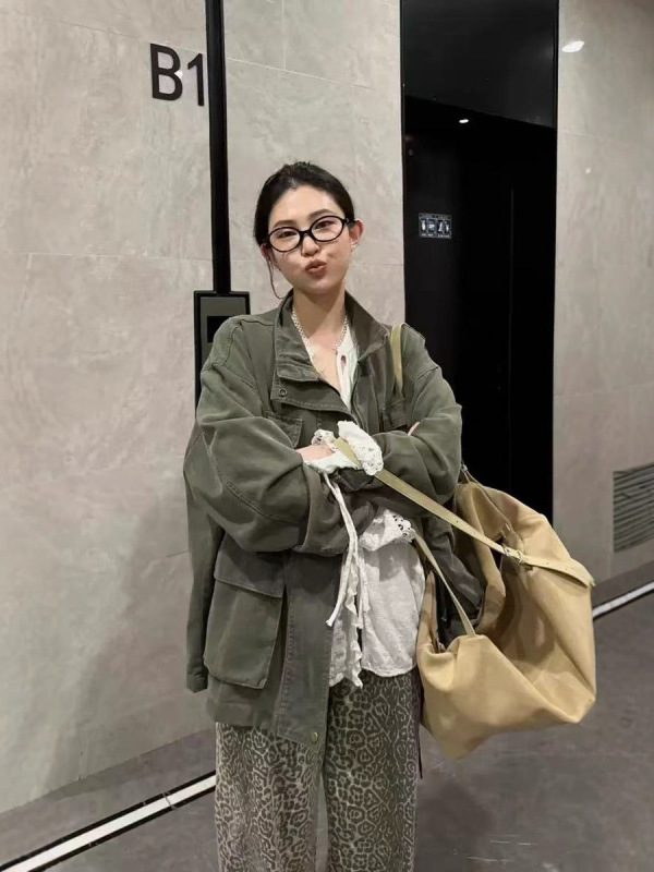 现货 韩国东大门复古军绿色工装风外套韩系女装立领宽松休闲夹克|undefined