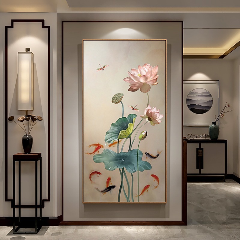 蓮と魚の絵スプレー油絵玄関装飾絵画垂直バージョン新中国風のリビングルームライト高級ハイエンド吊り絵画|undefined
