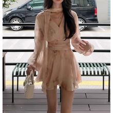 法式碎花V领长袖连衣裙女早秋高ji感纯欲气质收腰显瘦小个子短裙