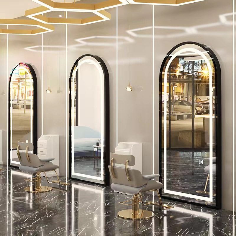 Barbería espejo salón de pelo especial montado en la pared espejo de un solo lado piso con luz inteligente espejo led