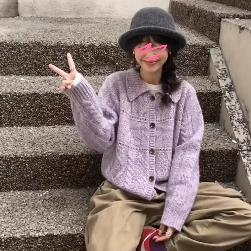 韩系翻领针织衫女2025秋季新款花纱设计感短款小个子宽松毛衣外套